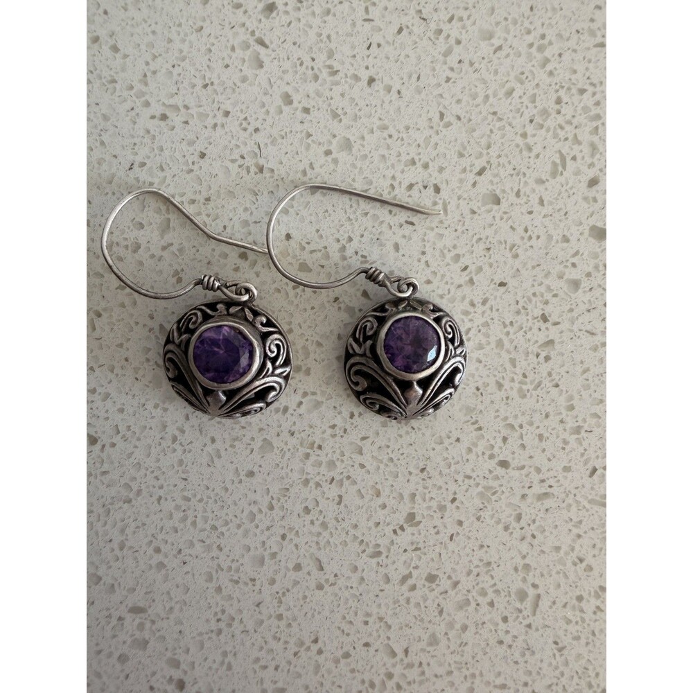 925 Sterling Silver Purple Stone Ornate Dangle Drop Earrings